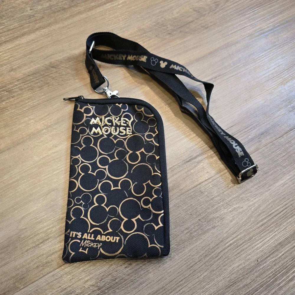 Disney‎ Mickey Mouse Lanyard Case Black Gold ID Holder Coin Badge